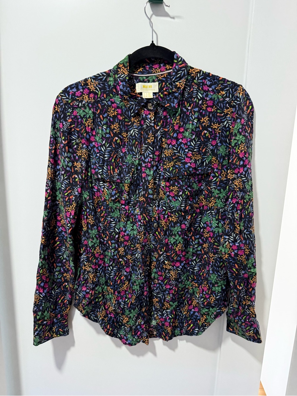 Anthropologie Maeve Black Floral Button-Front Top with Multicolor Blooms
